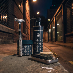 Peaky Blinders-themed toiletries set. High contrast, dramatic lighting. Urban alleyway backdrop at night