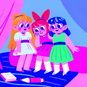 Sketch of The Powerpuff Girls in a whimsical, hand-drawn style. Crayons and watercolors nearby.