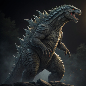 Illustration of Godzilla, towering Kaiju monster, with muscular body, sharp claws, and threatening face. Set against a pitch-black backdrop, emphasizing its formidable size. The artwork features detailed textures and patterns on its skin. Dominated by muted gray tones, creating a dramatic effect.