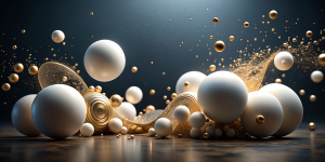 smooth, plastic white balls and metal, golden coins moving around on a dark background