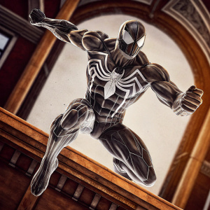 Sketch of Spider-Man's arch-nemesis Venom. Black and white, intricate details of the suit, menacing look, mid-air pose, dynamic, kinetic energy, comic book style, meticulous artwork, Spider-Man's nemesis, mid-jump, striking backdrop, detailed architecture