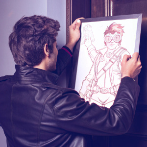 Overwatch character Tracer, in detailed comic book style, sporting a black jacket. White background with no distractions