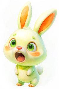 A frightened little white rabbit, side view, leaning sideways, mouth wide open, eyes wide open, head tilted, kawaii style, pure white background