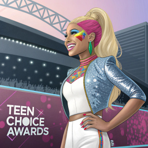 Nicki Minaj, wearing face paint, promoting at Teen Choice Awards website