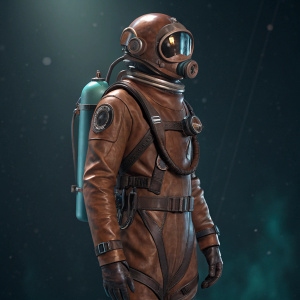 A futuristic diving suit made of brown leather-like material. The suit includes a helmet and tank. Set against a sleek, dark, sci-fi background.
