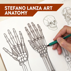 Thumbnail for YouTube video titled 'Stefano Lanza Art Anatomy'. Depicts detailed sketches of robot hands showcasing various poses, emphasizing skeletal structures, bones, and tendons.