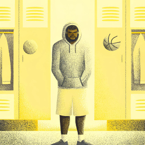 Kyrie Irving, professional basketball player, in a locker room. Wearing a casual hoodie and shorts. Surrounded by sports equipment and posters. Solemn expression