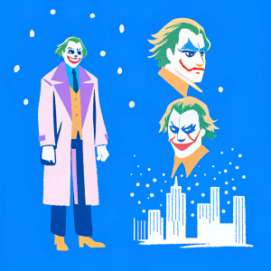 Illustration of the Joker from Batman: Arkham Origins. Green hair and makeup. Dark coat. Various angles showcasing his iconic look and the dark, moody atmosphere of Gotham City.