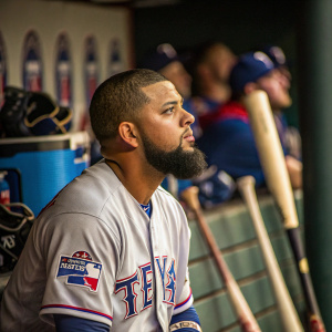 Rougned Odor in the dugout, wearing the Texas Rangers jersey. Surrounded by baseball bats, focused expression.