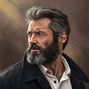 Digital painting of Hugh Jackman as Wolverine. Rugged look, full beard, intense gaze. Gray and dark hair, dark jacket. Partially visible white shirt. Textured brown background.