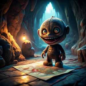 Inside a dark, ominous cave, Ambar, a scarred, evil-looking toy, is staring at a map with a sinister grin. The cave is filled with shadows and eerie light. This should be drawn as a cartoon, not realistic