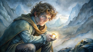 Samwise Gamgee kneeling in the dark, somber interior of a mountain, cradling a golden ring in his hands with an expression of deep sorrow and resolve. His teary eyes reflect the dim light, and a softly glowing backpack rests on his back. The surrounding shadows seem oppressive, but a faint glimmer of hope
