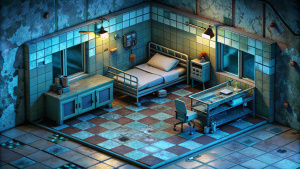 3D horror game, empty hospital room in isometric view, appocalipse, resident evil