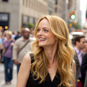 Heather Graham, with long blonde wavy hair and a radiant smile, stands out in the crowded street scene.