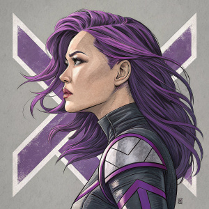 Digital art of Psylocke, a Marvel Comics character. Bold purple hair, striking profile. Limited color palette, bold lines. Gray background, framed by purple and white geometric shapes.