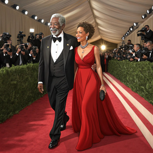 Morgan Freeman and Deena Freeman, arriving at the Met Gala. Dressed in elegant attire, red carpet with flashing cameras.