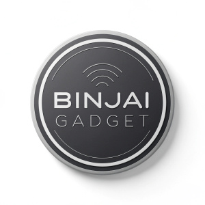Modern logo design for BINJAI Gadget. Centered on a crisp white background. Black and grey color palette. Clean lines and minimalistic style.