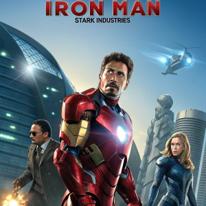 Poster for the premiere of 'Iron Man'. Stark Industries logo. Tony Stark and supporting cast in action poses.