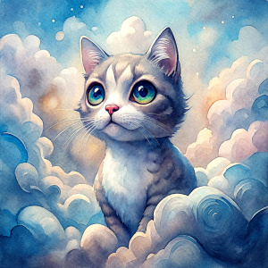 cute big eye cat on fluffy cloud pink background