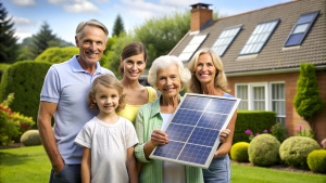 Happy looking family admiring their just installed solar panel in their house garden