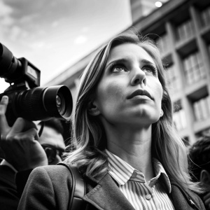 plano nadir de mujer periodista observando