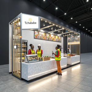 A sleek, modern trade show booth for Tchababa. Brightly lit with metallic accents. Staff in vibrant uniforms showcasing products.