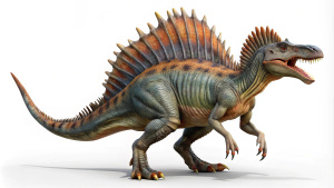 Create from the side, a giant Spinosaurus walking sideways, full length, with its eyes deep as it prepares to roar. White background.