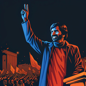 Mahmoud Ahmadinejad making a peace sign in a public square, surrounded by supporters.