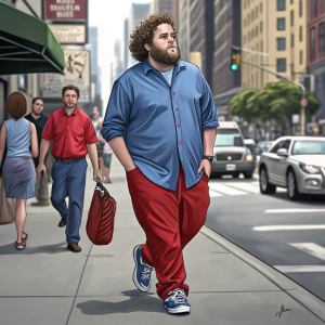 Jonah Hill, with curly hair and a beard, strolls down a busy city street. Dressed in a blue shirt, red pants, and sneakers. A man in a red shirt passes by in the background.
