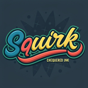 Design a logo for the font 'Squirk' by Chequered Ink. Use a dynamic, vibrant style featuring the stylized word 'Squirk' in a mix of blue, green, yellow, and red. The text should have an ink-like, flowing appearance. Set against a dark, muted background with subtle graphic elements. Emphasize typography as the primary focus.