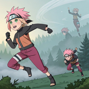 A Naruto character, depicted in various active postures. Pink hair and green eyes. Digital art