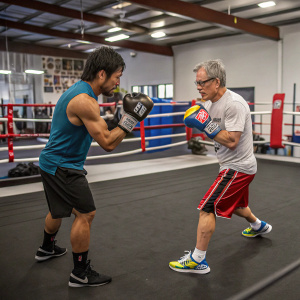 Freddie Roach training Manny Pacquiao in a modern gym. Boxing ring set up in the background. Training session in full swing.