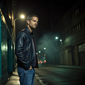 Paul Walker, intense stare, wearing a black leather jacket and blue jeans. Dark, mysterious alley backdrop, with flickering streetlights.