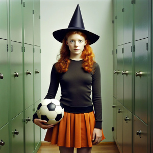 redhead teen witch hat black sport jersey skirt in sports locker carrying a soccer ball under her arm