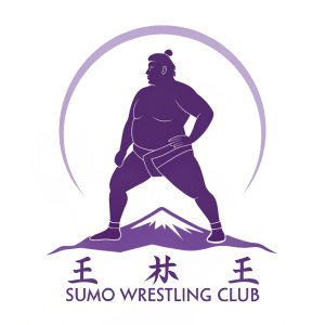 Flat design logo for a sumo wrestling club. Logo features a sleek violet silhouette of a sumo wrestler in a relaxed, powerful stance. Set against a clean white background with an elegant, minimalist font.