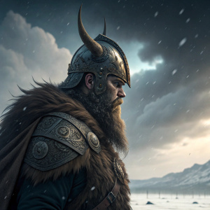 Olaf the Berserker, a fierce Viking warrior, stands on a battlefield. He is adorned with a large, intricate helmet and a thick beard. The sky above is dark with storm clouds, and the ground is covered in snow.