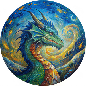 круглое изображение внутри которого Дракон, масляные краски большие мазки, в стиле Моне