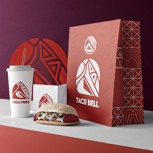 Digital artwork showcasing a sleek rebrand for Taco Bell. Minimalist design featuring bold geometric shapes and clean typography. Monochromatic color palette.