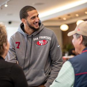 Collin Kaepernick wearing a gray hoodie with the San Francisco 49ers logo on the front. The hoodie has a red '7' number on the left chest and bold red colors. Event is a casual meet and greet.