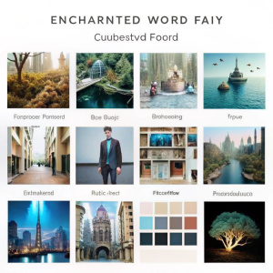 Display moodboards representing different environments or landscapes (e.g., cyberpunk city, enchanted forest, underwater world). Users can select elements from each to build their own fictional world.
pen_spark
