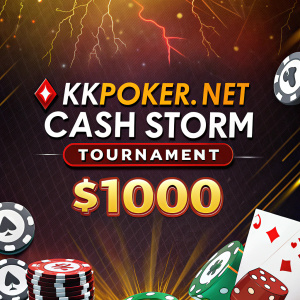 Exciting announcement for KKPoker.net's $1000 Cash Storm poker tournament. Highlighting the massive prize and thrilling theme.