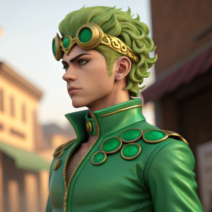 In a detailed 3D rendering, Giorno Giovanna from JoJo's Bizarre Adventure stands out. Dressed in a green outfit and a distinctive mask, he sports vivid green, curly hair. The background is softly blurred, putting the focus entirely on him.