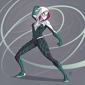 Spider Gwen in action pose, dark bodysuit with intricate web patterns, standing against a swirling line background, shades of gray with green accents