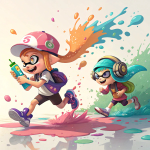 Digital artwork featuring Inkling characters from Splatoon, ink splatters and vibrant colors