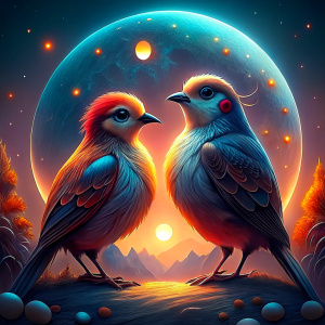 Two birds listening to relaxing music