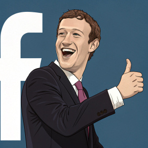 Mark Zuckerberg, entrepreneur, in cartoonish depiction. Smiling widely. Thumbs-up sign. Serious background with logo peeking through