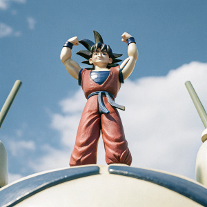 Goku from Dragon Ball, flexing his muscles in a heroic pose. Red outfit with a blue emblem on chest. White background