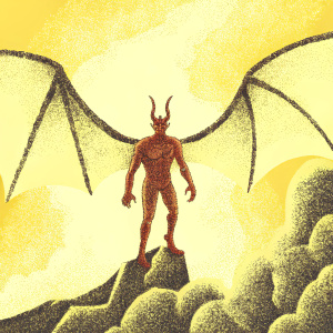 A digital artwork depicting a fearsome Shantak. Standing on rugged terrain with dark, ominous clouds in the background. The Shantak has a reddish-brown hue, powerful wings, and menacing horns. Detailed focus on the muscular body and rocky foundation.