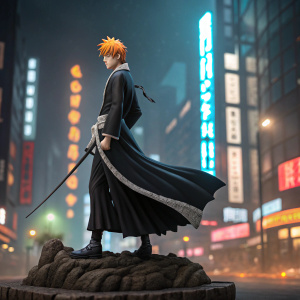 3D render of Ichigo Kurosaki from Bleach, standing on a detailed rocky base. Neon-lit cityscape background