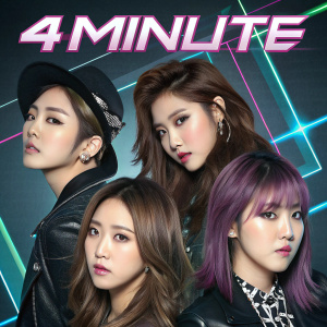 Promotional poster for K-pop girl group '4Minute'. Collage of members in various chic hairstyles and makeup, set against a futuristic, digital backdrop.